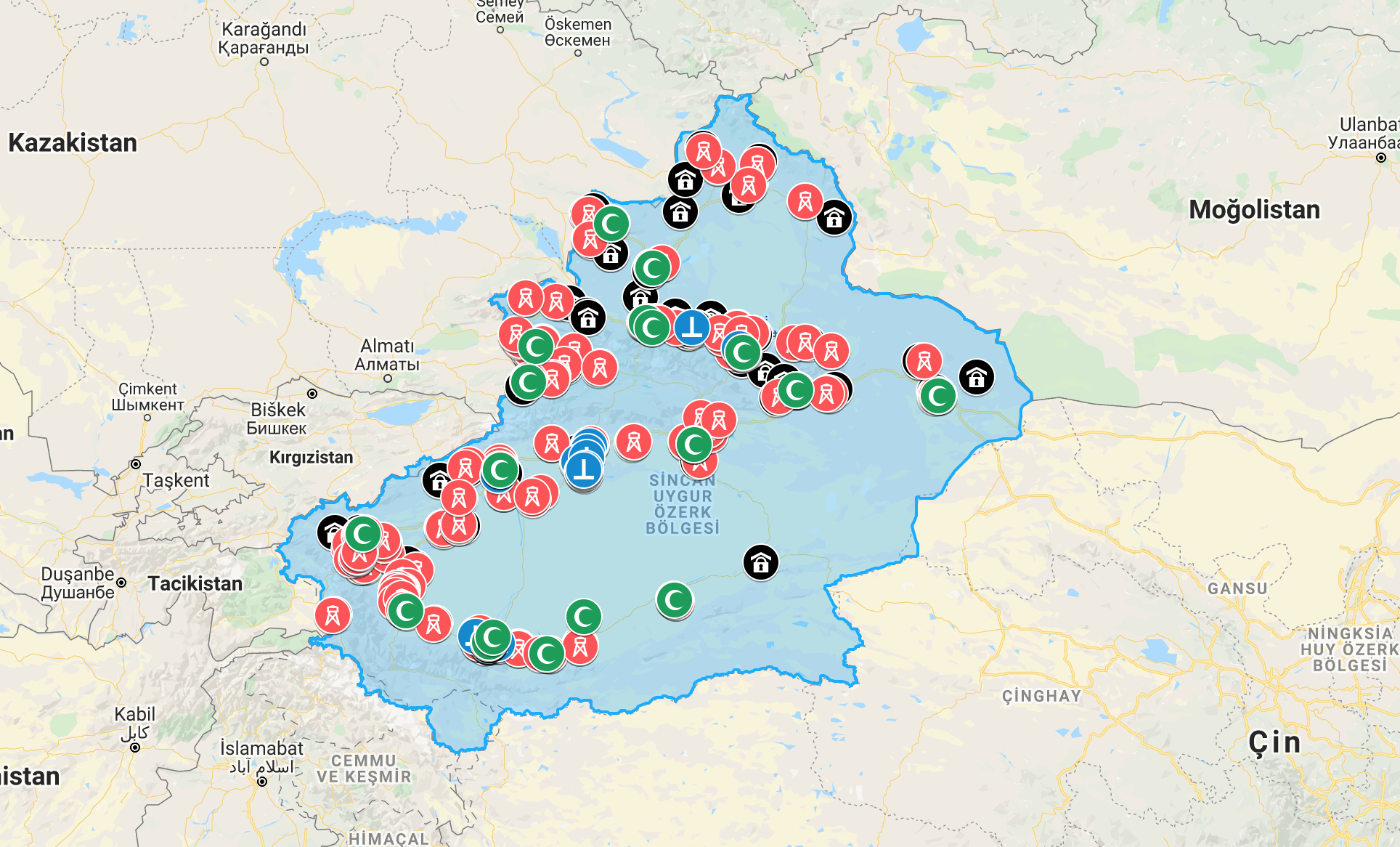 Doğu Türkistan'daki toplama kamplarının interaktif haritası